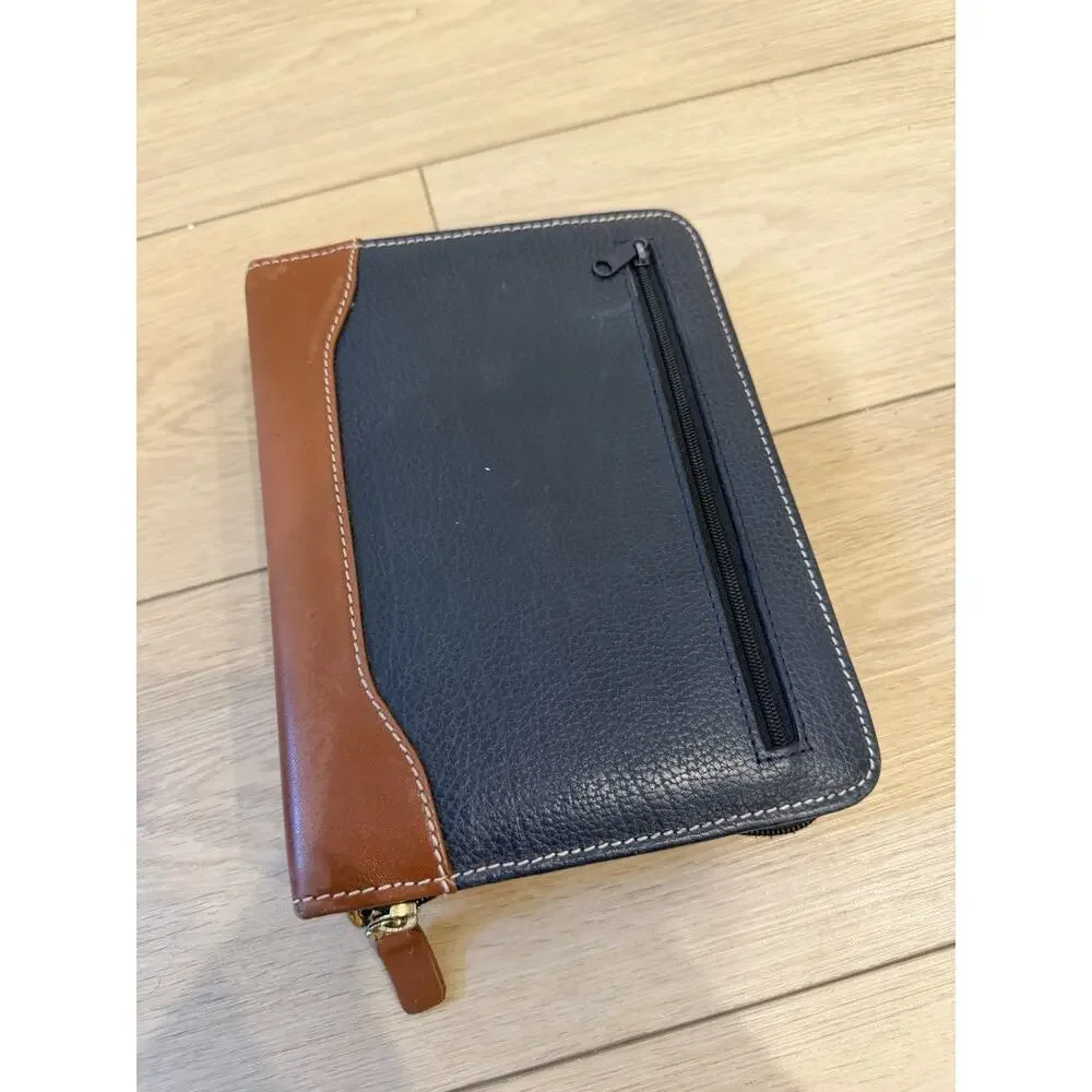 Vintage Franklin Quest Leather Planner Binder Organizer Pebbled Navy Blue w/Tan